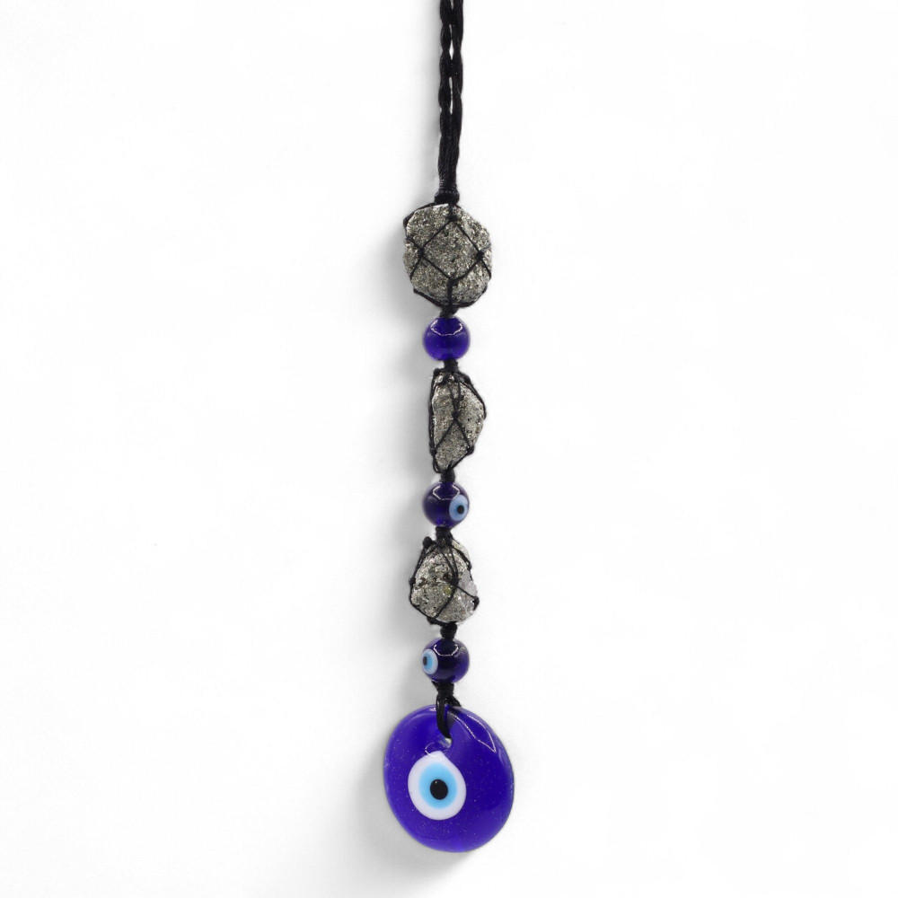 Pendentif en pierre suspendue - Pierres et perles de pirite - Œil protecteur