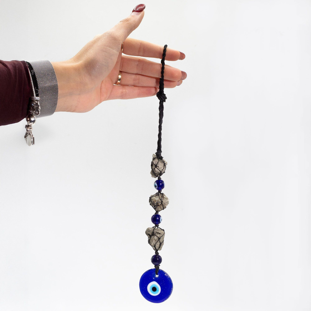Pendentif en pierre suspendue - Pierres et perles de pirite - Œil protecteur