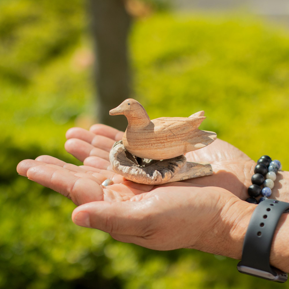 Sculpture artisanale en bois représentant un parasite - Canard sauvage au repos