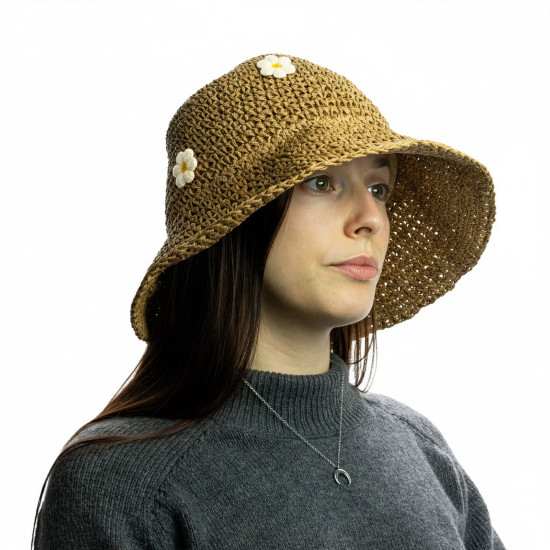 Chapeau de soleil souple en paille Nomad Sari - Café et Marguerites