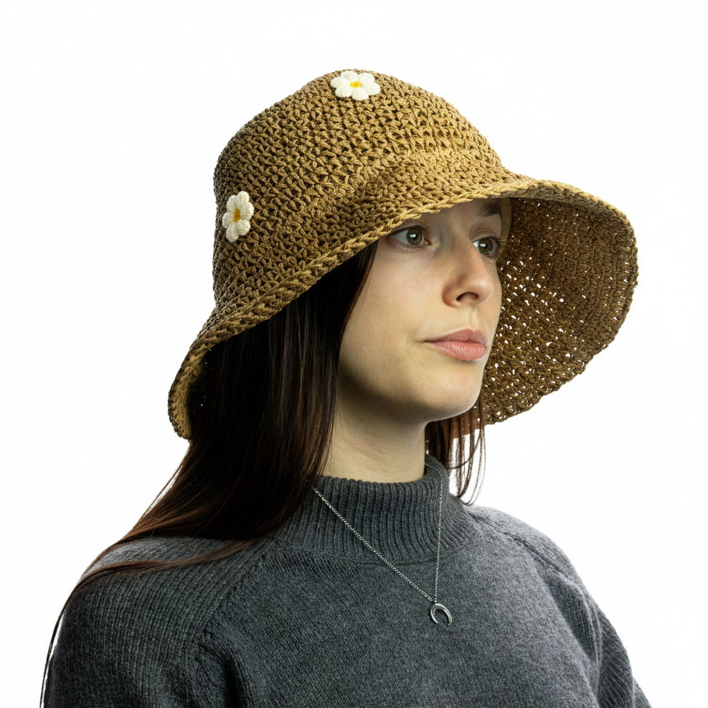 Chapeau de soleil souple en paille Nomad Sari - Café et Marguerites