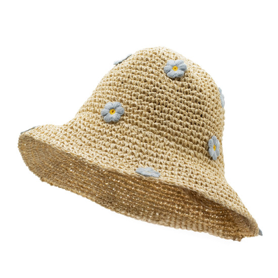 Chapeau de soleil souple en paille Nomad Sari - Beige et fleurs bleues