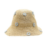 Chapeau de soleil souple en paille Nomad Sari - Beige et fleurs bleues