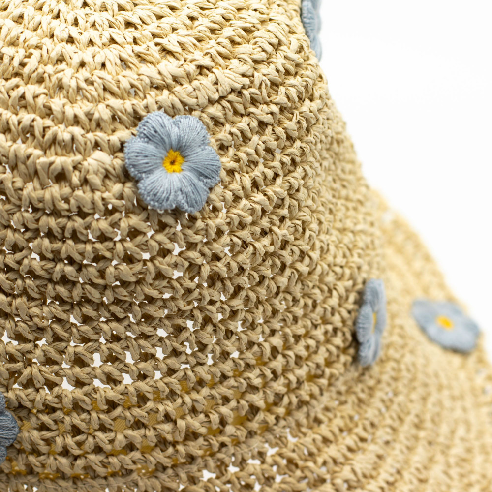 Chapeau de soleil souple en paille Nomad Sari - Beige et fleurs bleues