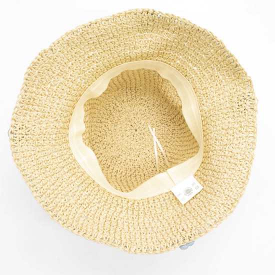 Chapeau de soleil souple en paille Nomad Sari - Beige et fleurs bleues