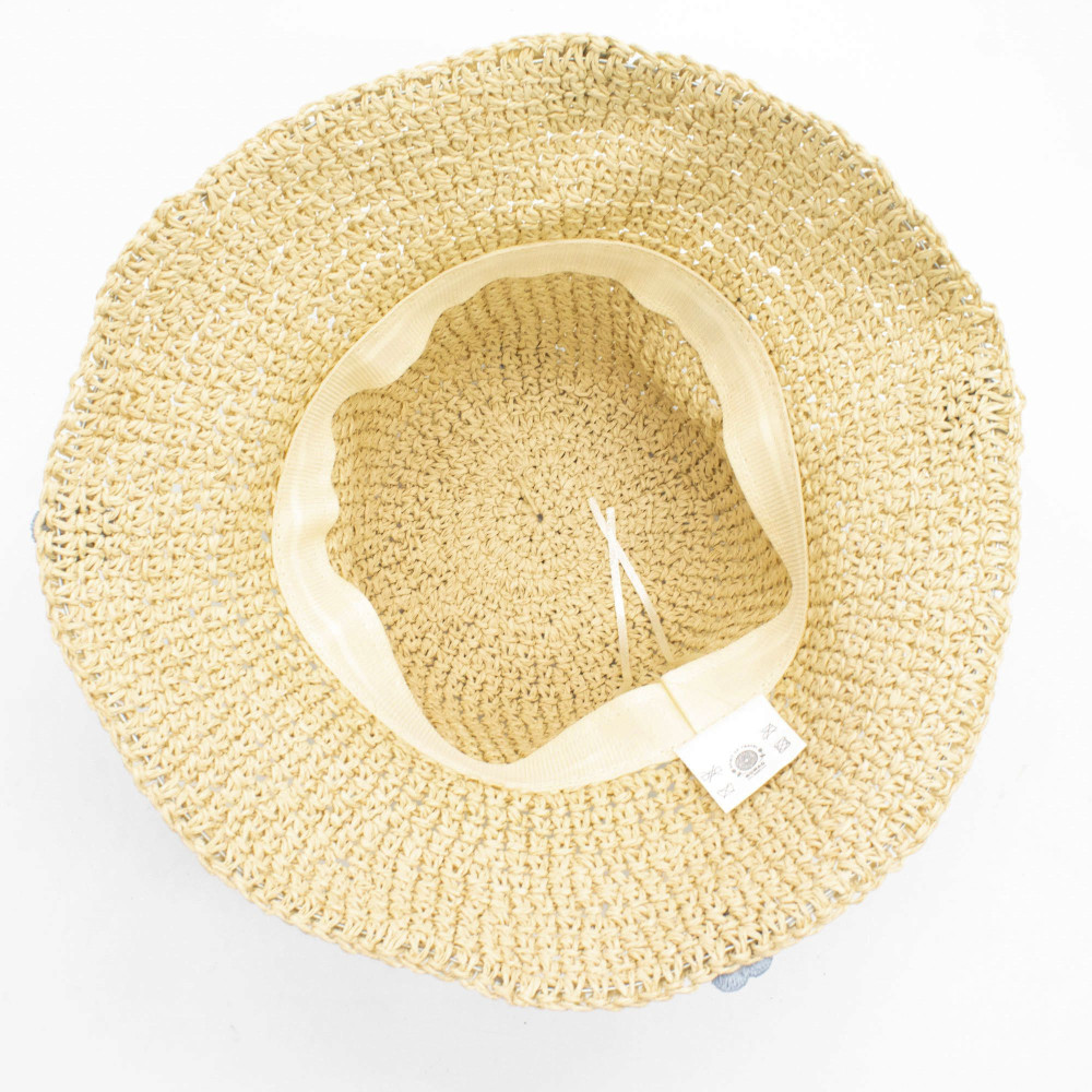 Chapeau de soleil souple en paille Nomad Sari - Beige et fleurs bleues