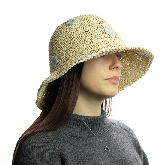 Chapeau de soleil souple en paille Nomad Sari - Beige et fleurs bleues
