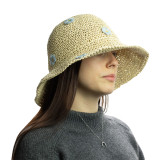 Chapeau de soleil souple en paille Nomad Sari - Beige et fleurs bleues
