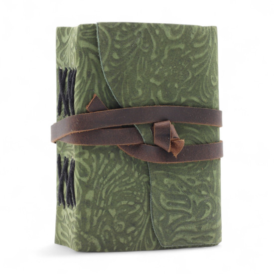 Carnet en cuir épais à bords frangés - Motif labyrinthe vert - 12,7 × 8,9 cm