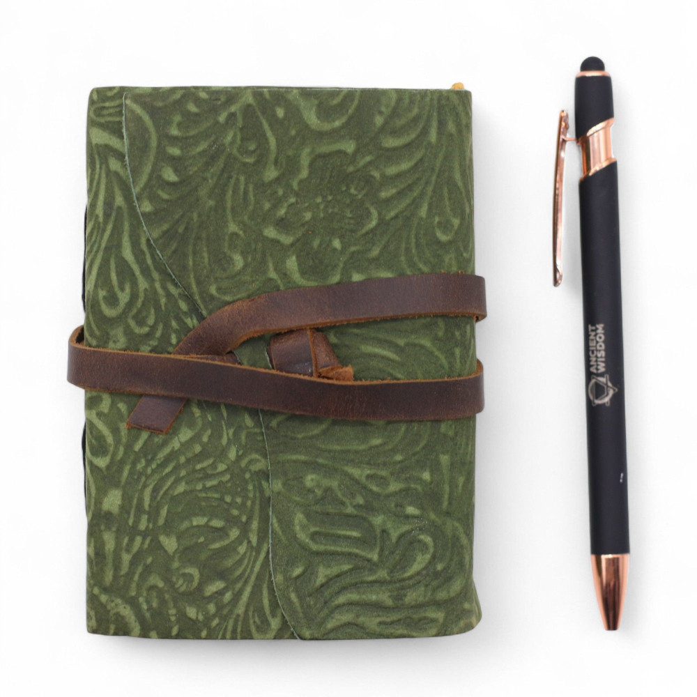 Carnet en cuir épais à bords frangés - Motif labyrinthe vert - 12,7 × 8,9 cm