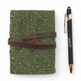 Carnet en cuir épais à bords frangés - Motif labyrinthe vert - 12,7 × 8,9 cm