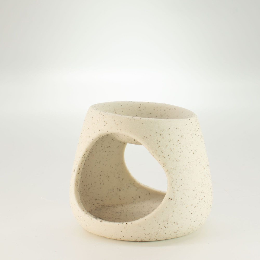 Brûleur d'huile Zen en céramique - Galet rond - Blanc cassé moucheté
