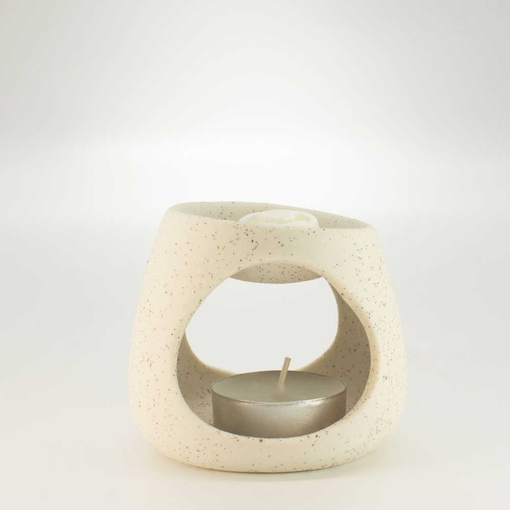 Brûleur d'huile Zen en céramique - Galet rond - Blanc cassé moucheté