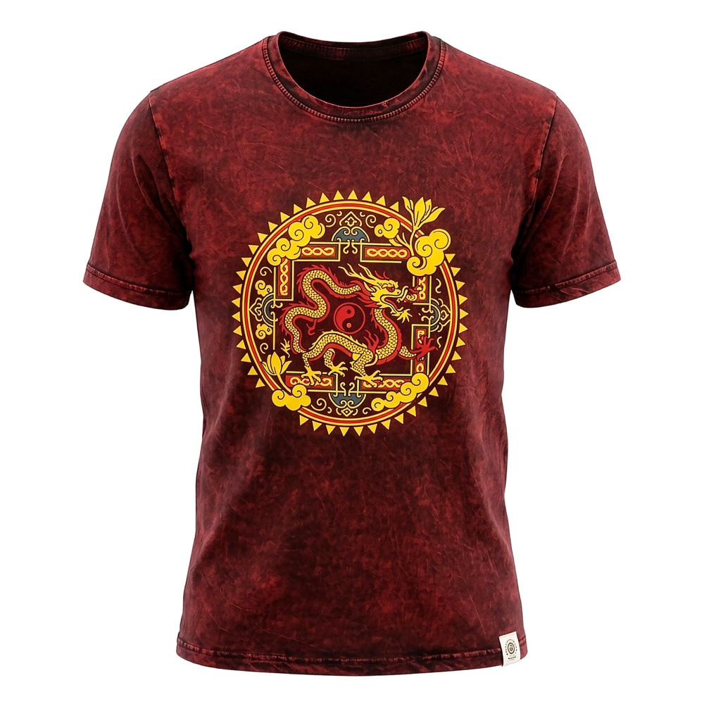 T-shirt Nomad Sari en coton délavé - Mandala Dragon - Bordeaux - L