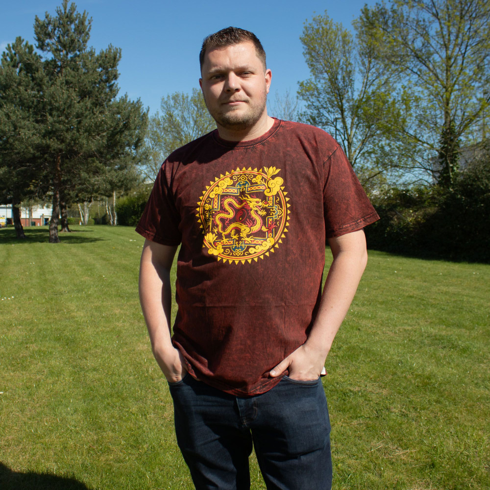 T-shirt Nomad Sari en coton délavé - Mandala Dragon - Bordeaux - XL