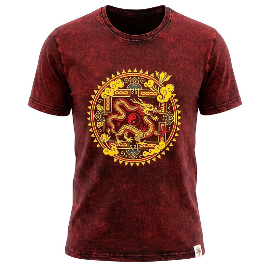T-shirt Nomad Sari en coton délavé - Mandala Dragon - Bordeaux - XL
