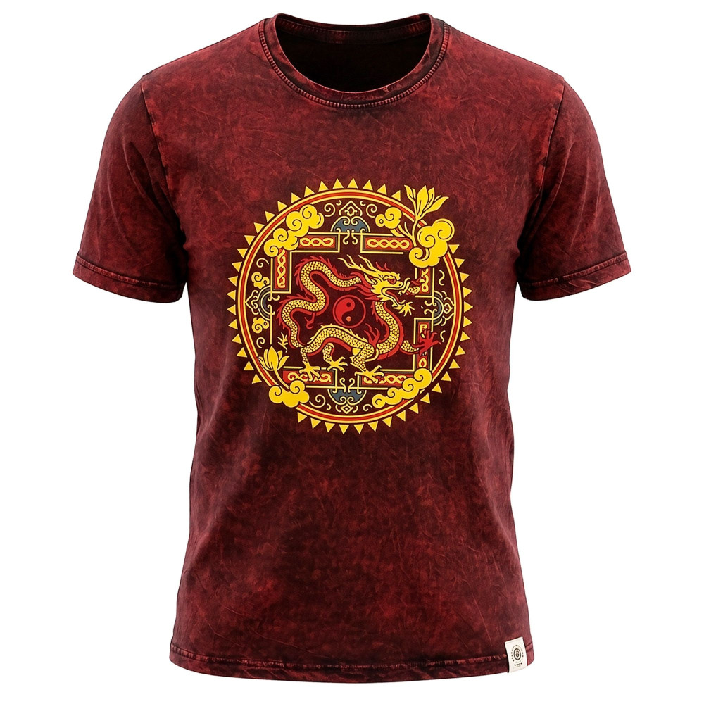 T-shirt Nomad Sari en coton délavé - Mandala Dragon - Bordeaux - XL
