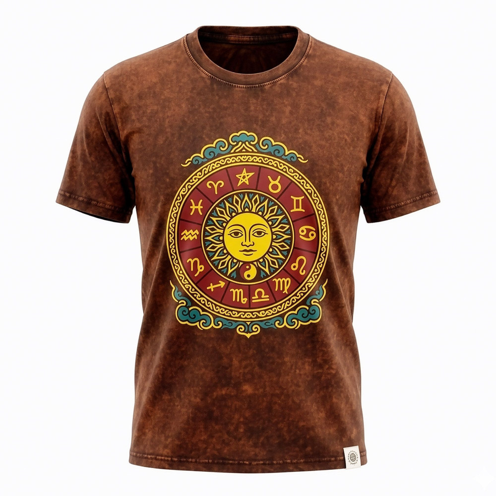 T-shirt en coton délavé Nomad Sari - Soleil et Zodiaque - Marron - L