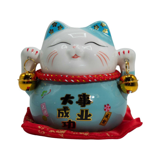 Tirelire chat en céramique - Bleue sur coussin