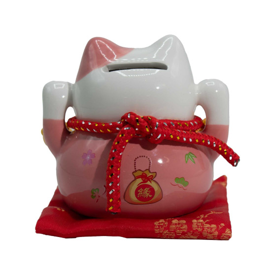 Tirelire chat en céramique - Rose sur coussin