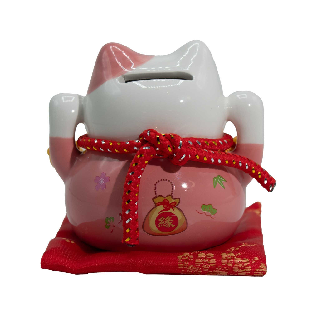 Tirelire chat en céramique - Rose sur coussin