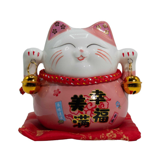 Tirelire chat en céramique - Rose sur coussin