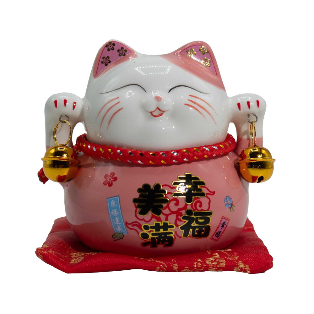 Tirelire chat en céramique - Rose sur coussin