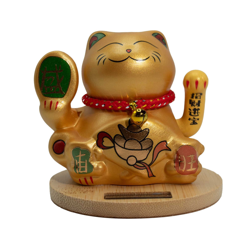 Socle en bois Solar Money Cat - Main mobile dorée