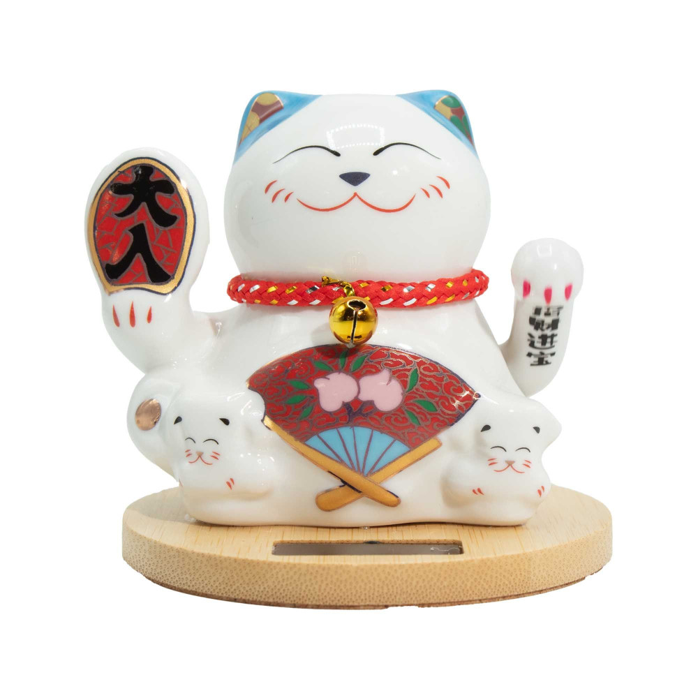 Socle en bois Solar Money Cat - Main mobile bleue