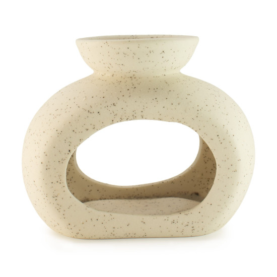 Brûleur d'huile Zen en céramique - Galet ovale - Blanc cassé moucheté