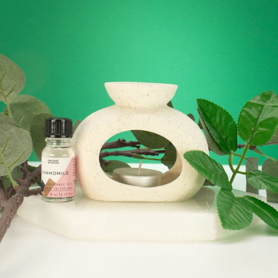 Brûleur d'huile Zen en céramique - Galet ovale - Blanc cassé moucheté