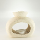 Brûleur d'huile Zen en céramique - Galet ovale - Blanc cassé moucheté