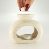 Brûleur d'huile Zen en céramique - Galet ovale - Blanc cassé moucheté