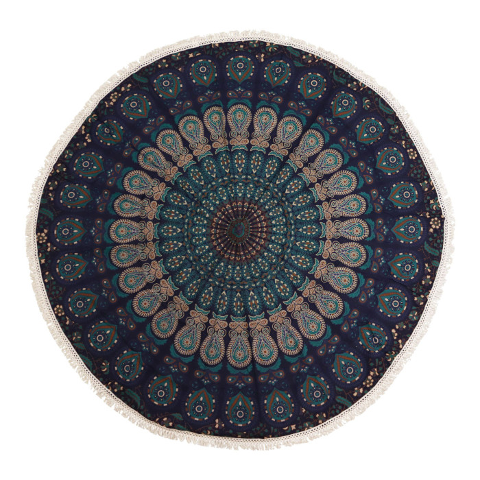 Petit mandala rond en coton (130 cm) - Bleu paon