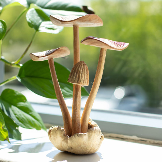 Sculpture artisanale en bois représentant des parasites - Ensemble de 4 grands champignons