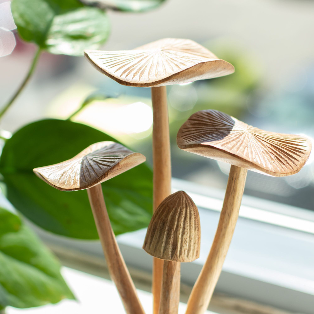 Sculpture artisanale en bois représentant des parasites - Ensemble de 4 grands champignons
