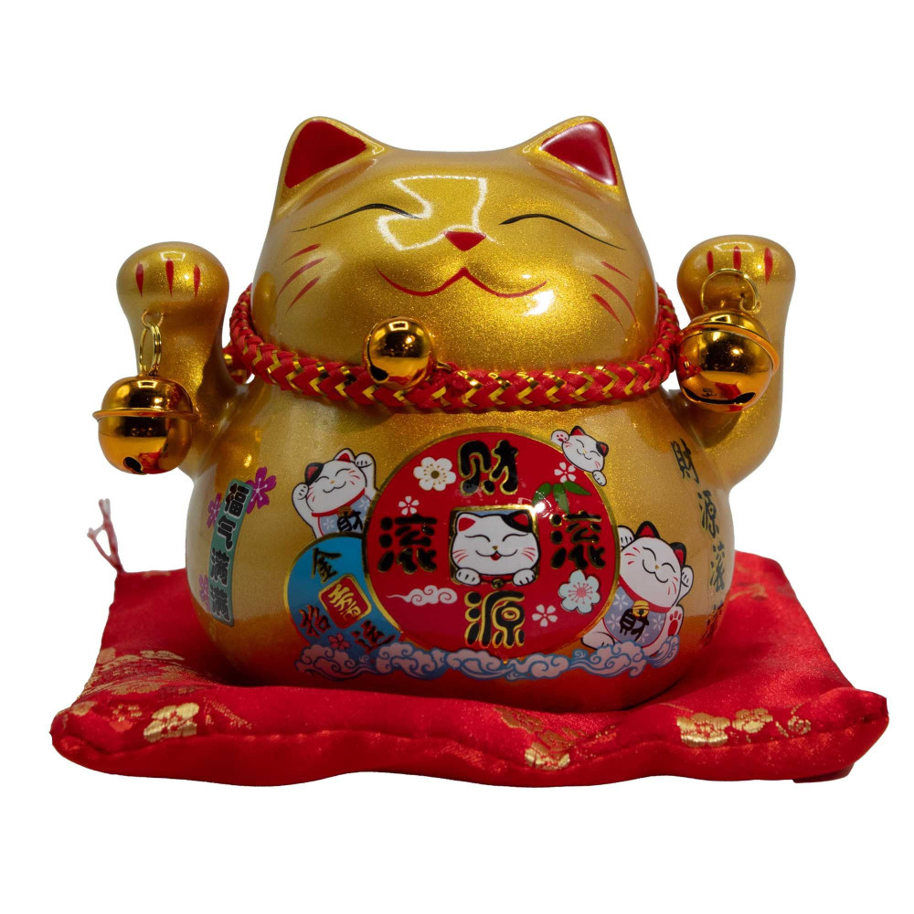 Tirelire chat en céramique - Or sur coussin