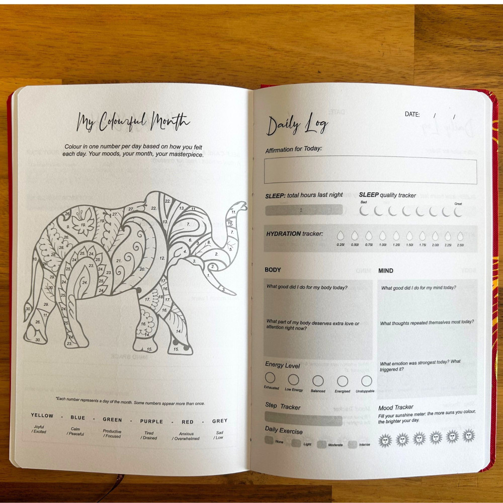 Carnet de bien-être rouge - 120 pages - Mandala doré et lotus