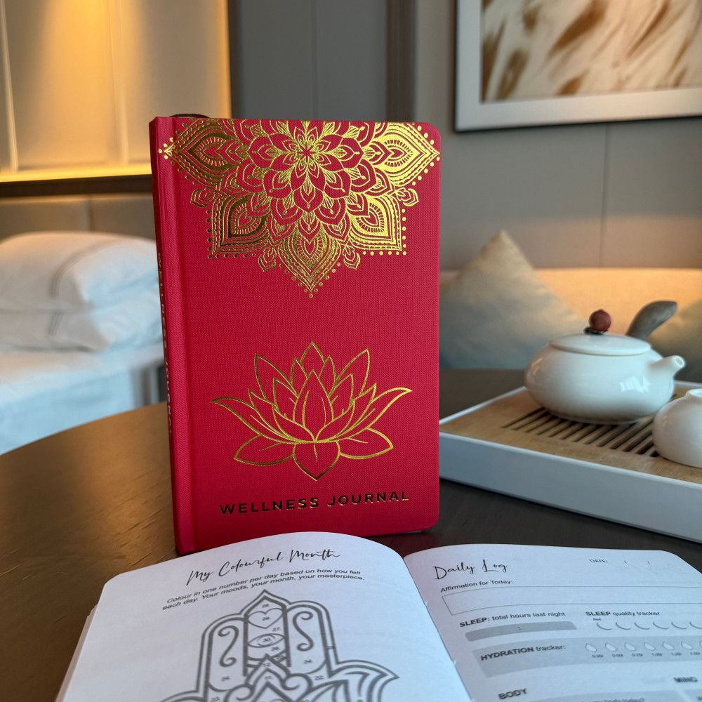 Carnet de bien-être rouge - 120 pages - Mandala doré et lotus
