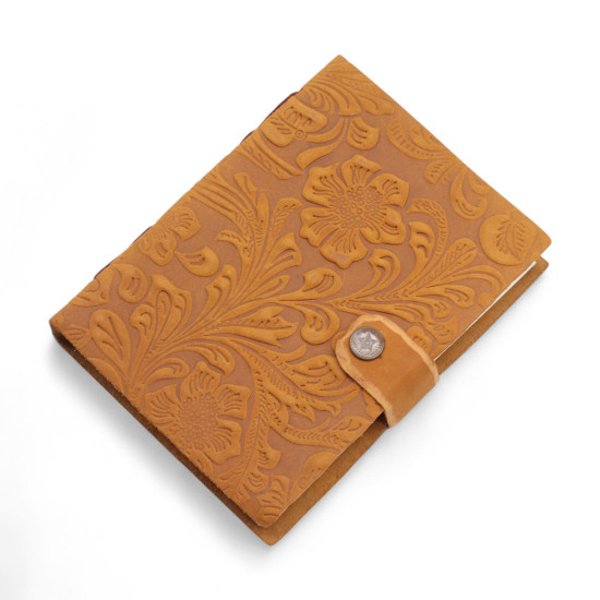 Carnet en cuir gaufré - Motif floral beige - 17,8 × 12,7 cm