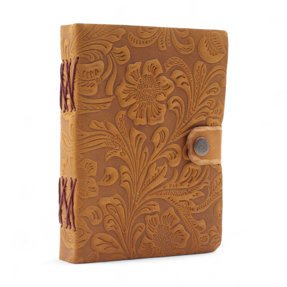 Carnet en cuir gaufré - Motif floral beige - 17,8 × 12,7 cm