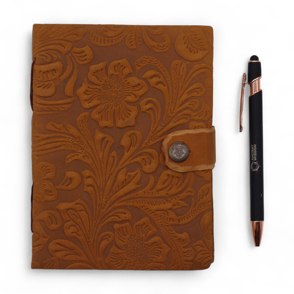Carnet en cuir gaufré - Motif floral beige - 17,8 × 12,7 cm