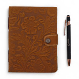 Carnet en cuir gaufré - Motif floral beige - 17,8 × 12,7 cm