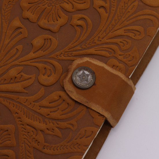 Carnet en cuir gaufré - Motif floral beige - 17,8 × 12,7 cm