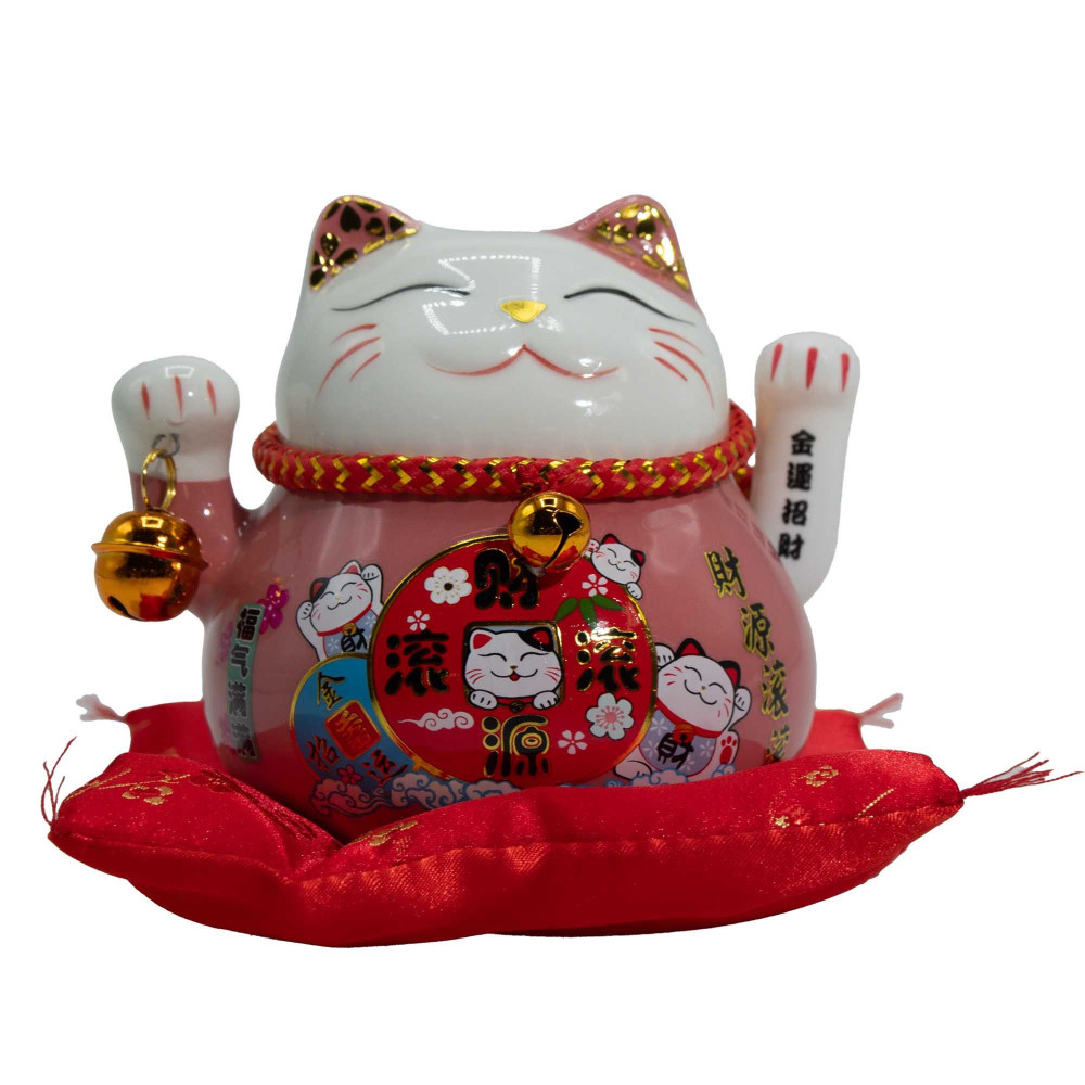 Chat en céramique à main mobile - Rose sur coussin (pile non incluse)