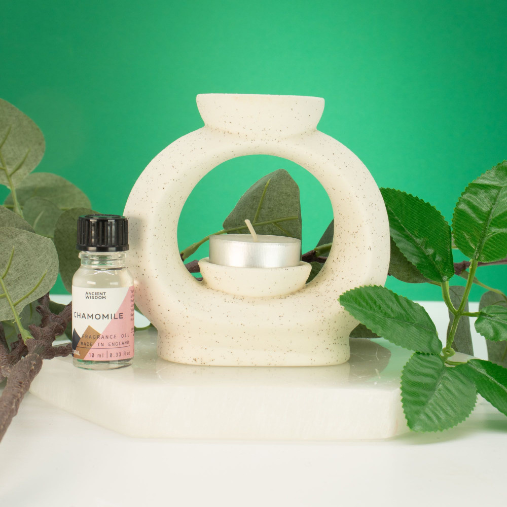 Brûleur d'huile Zen en céramique - Grand galet ovale - Blanc cassé moucheté