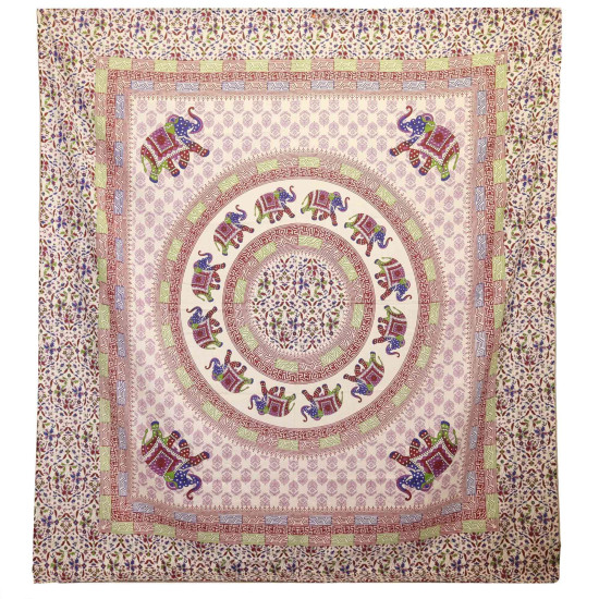Tapisserie murale / Couverture - Mandala Éléphant - Violet/Bleu sur crème