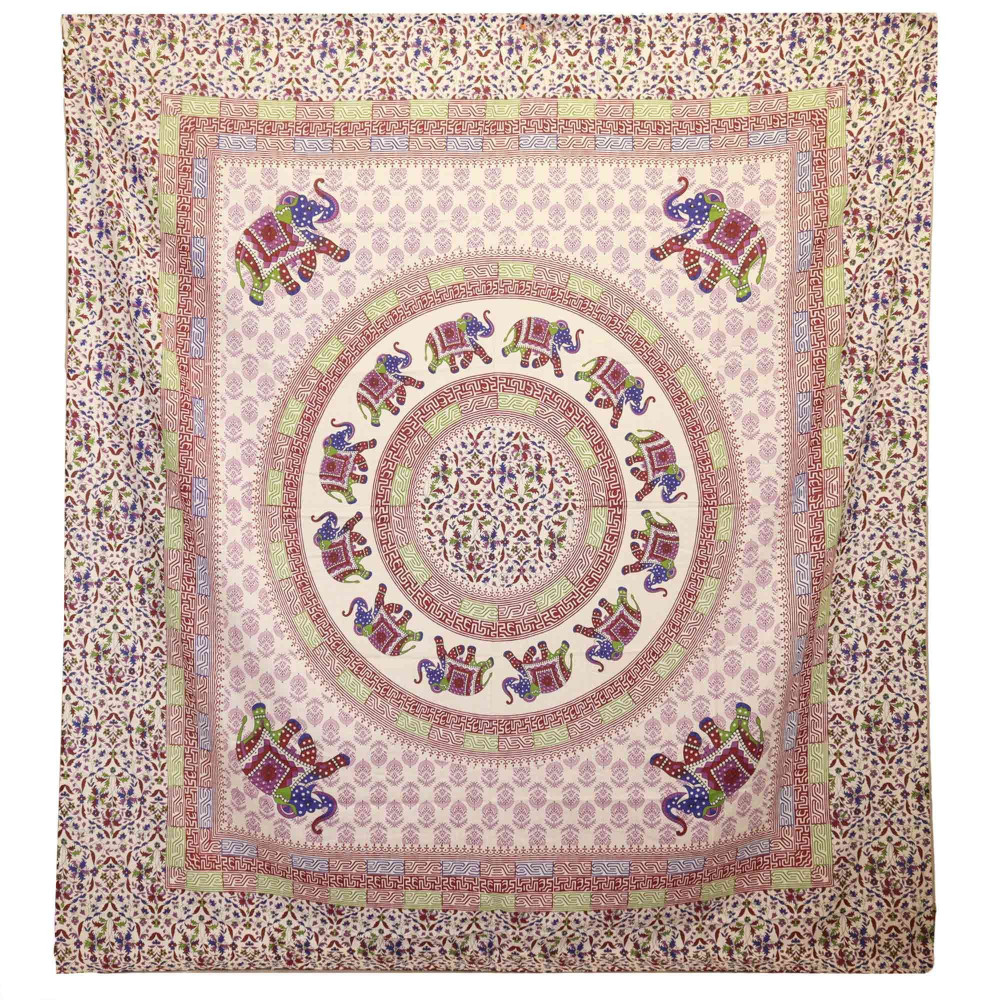 Tapisserie murale / Couverture - Mandala Éléphant - Violet/Bleu sur crème