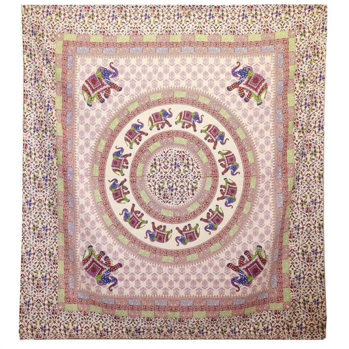 Tapisserie murale / Couverture - Mandala Éléphant - Violet/Bleu sur crème