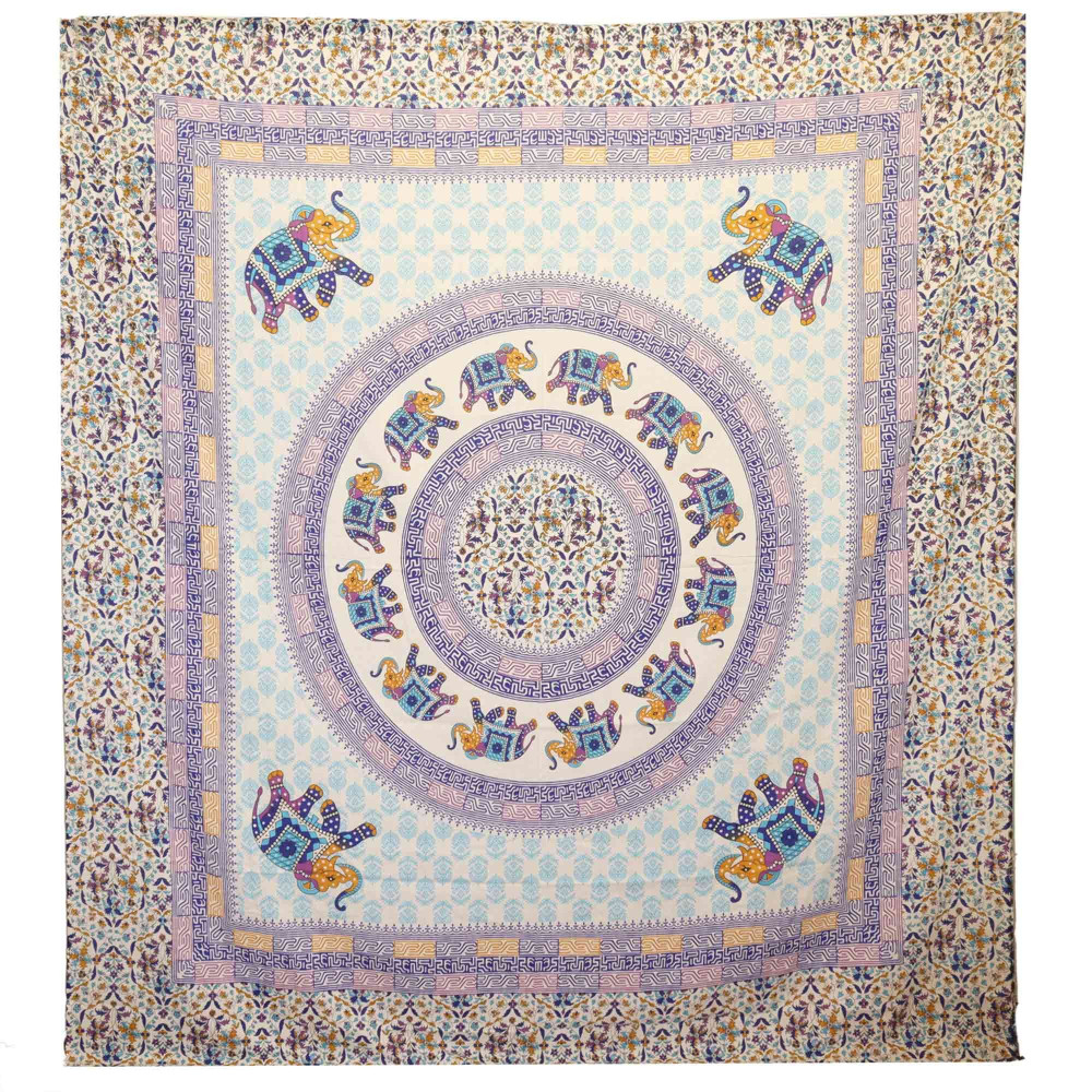 Tapisserie murale / Couverture - Mandala Éléphant - Turquoise/Bleu sur Crème
